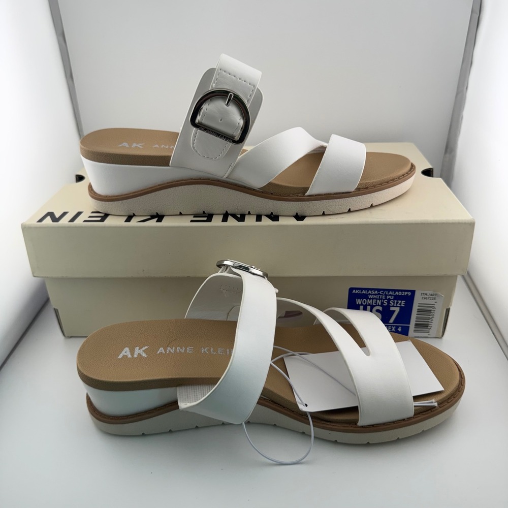 Anne Klein Lalasa Sandals Womens 7 White New Wedge Heel Buckle Strappy Slide - Picture 2 of 9